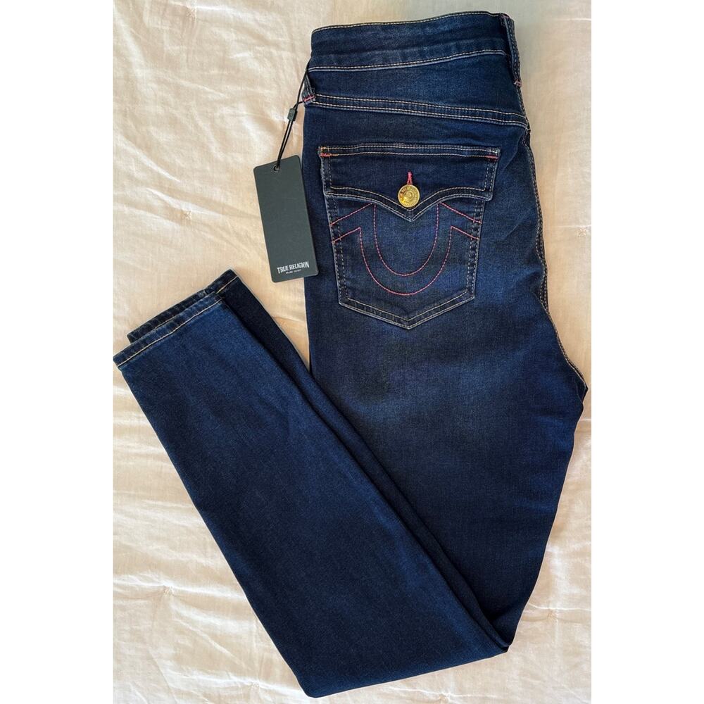 NWT True Religion Halle SN HR Flap Skinny Jean Sz 29 Dark Wash Denim Pink Stitch
